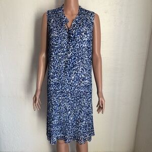 DKNY Blue/White Sleeveless Pleated Shift Dress Front-Tie Women’s Size 14 Elastic